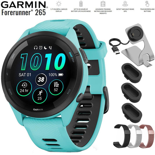Garmin Forerunner 265 GPS Smartwatch Aqua/Black with 22mm Milanese Band Bundle