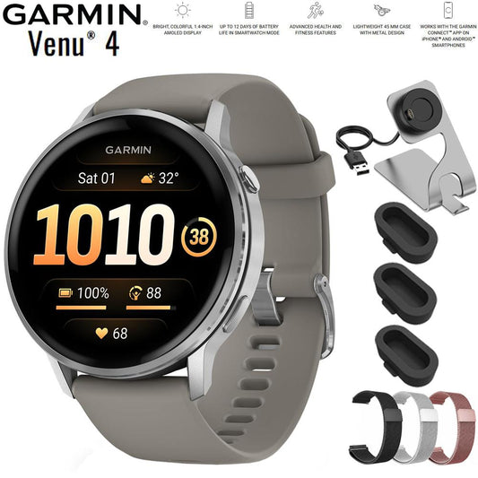 Garmin Venu 4 45 mm Health & Fitness GPS Smartwatch Silver with Band Bundle