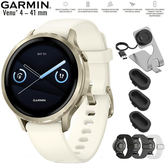Garmin Venu 4 41mm Health & Fitness GPS Smartwatch Lunar Gold+Nylon Band Bundle