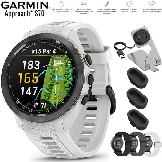 Garmin Approach S70 42 mm Premium GPS Golf Watch White Band + Nylon Band Bundle