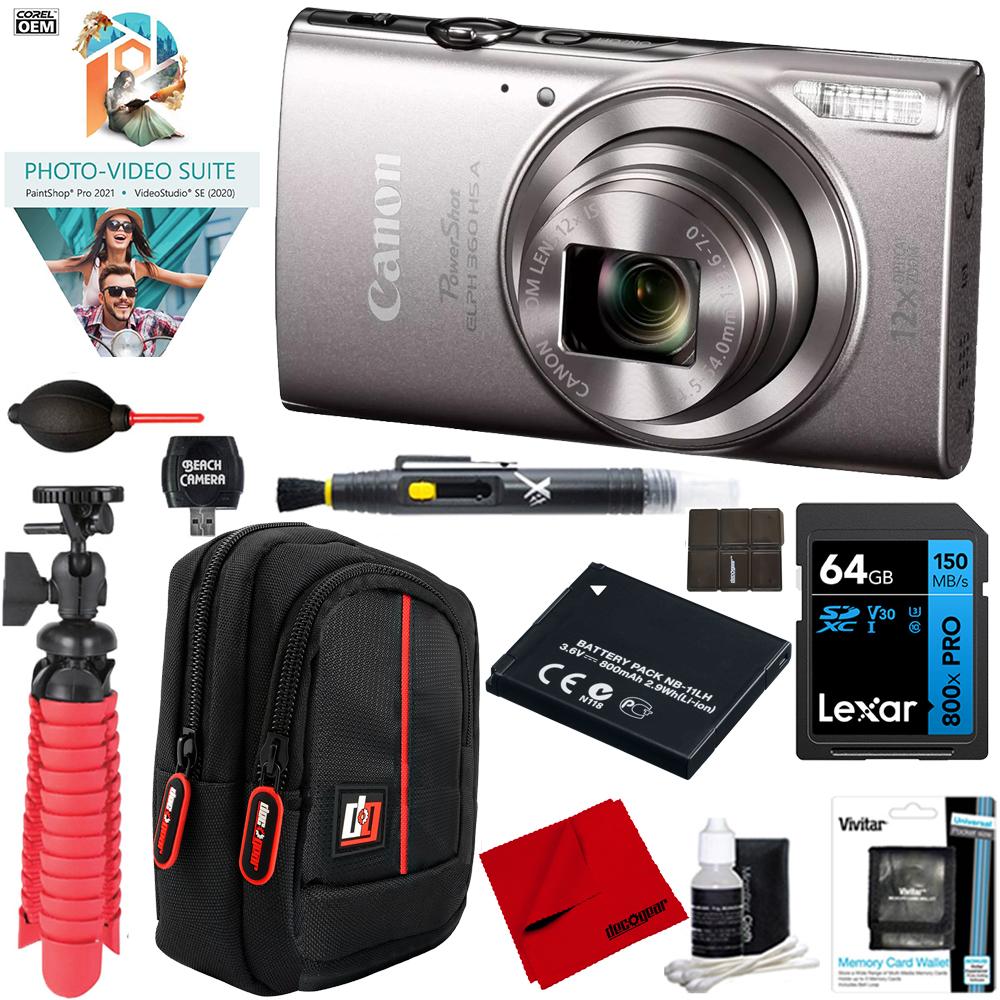 Canon PowerShot ELPH 360 HS A 20.2MP CMOS, 12x Zoom + 64GB Deluxe Accessory Bundle