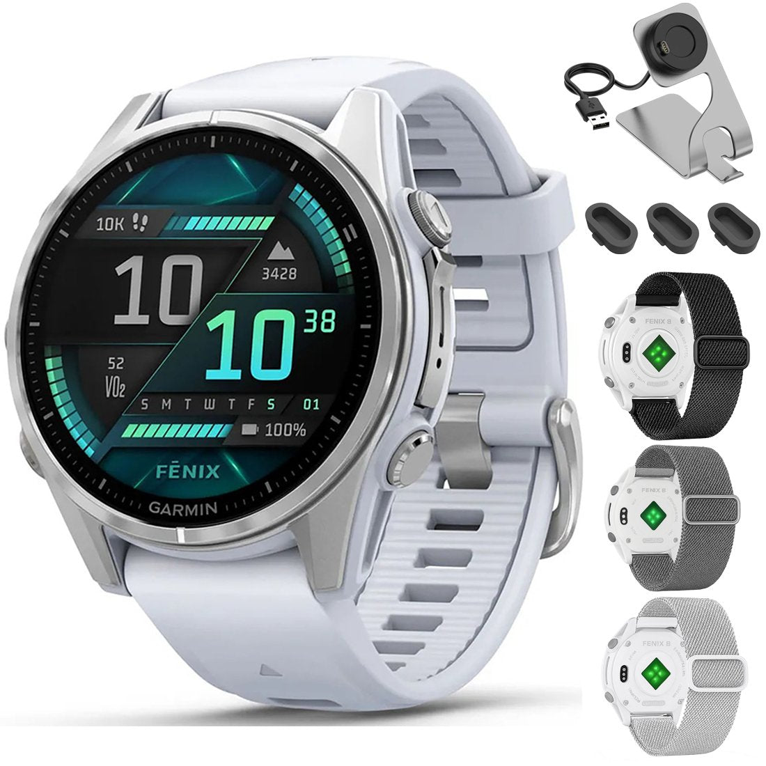 Garmin Fenix 8 43 mm AMOLED Silver with Whitestone Band + Nylon Band Bundle