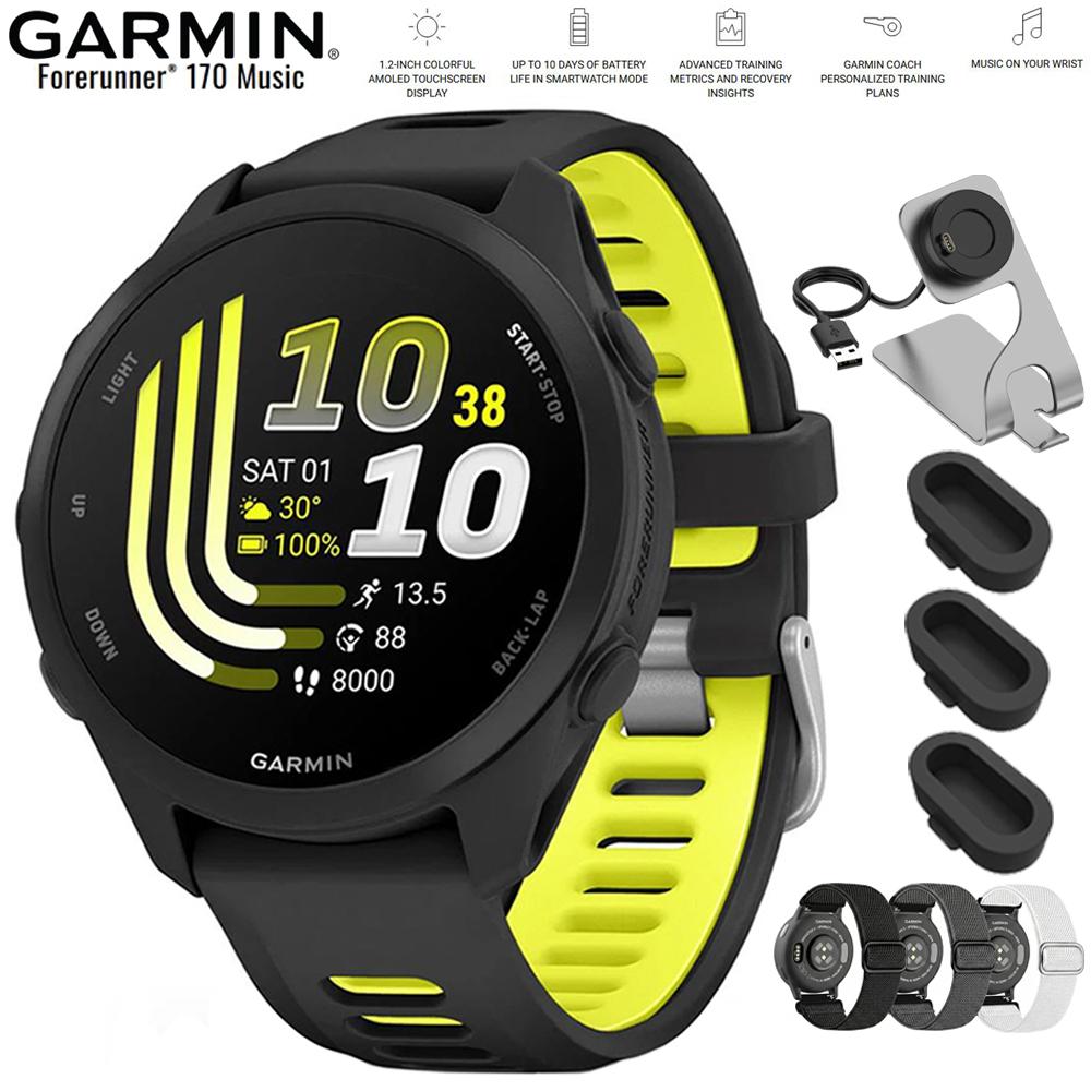 Garmin Forerunner 170 Music Black/Amp Yellow with Nylon Elastic Band Bundle