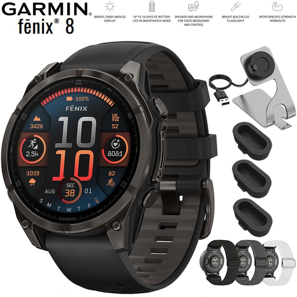 Garmin Fenix 8 47 mm AMOLED Sapphire Carbon Gray with Black Band + Bands Bundle