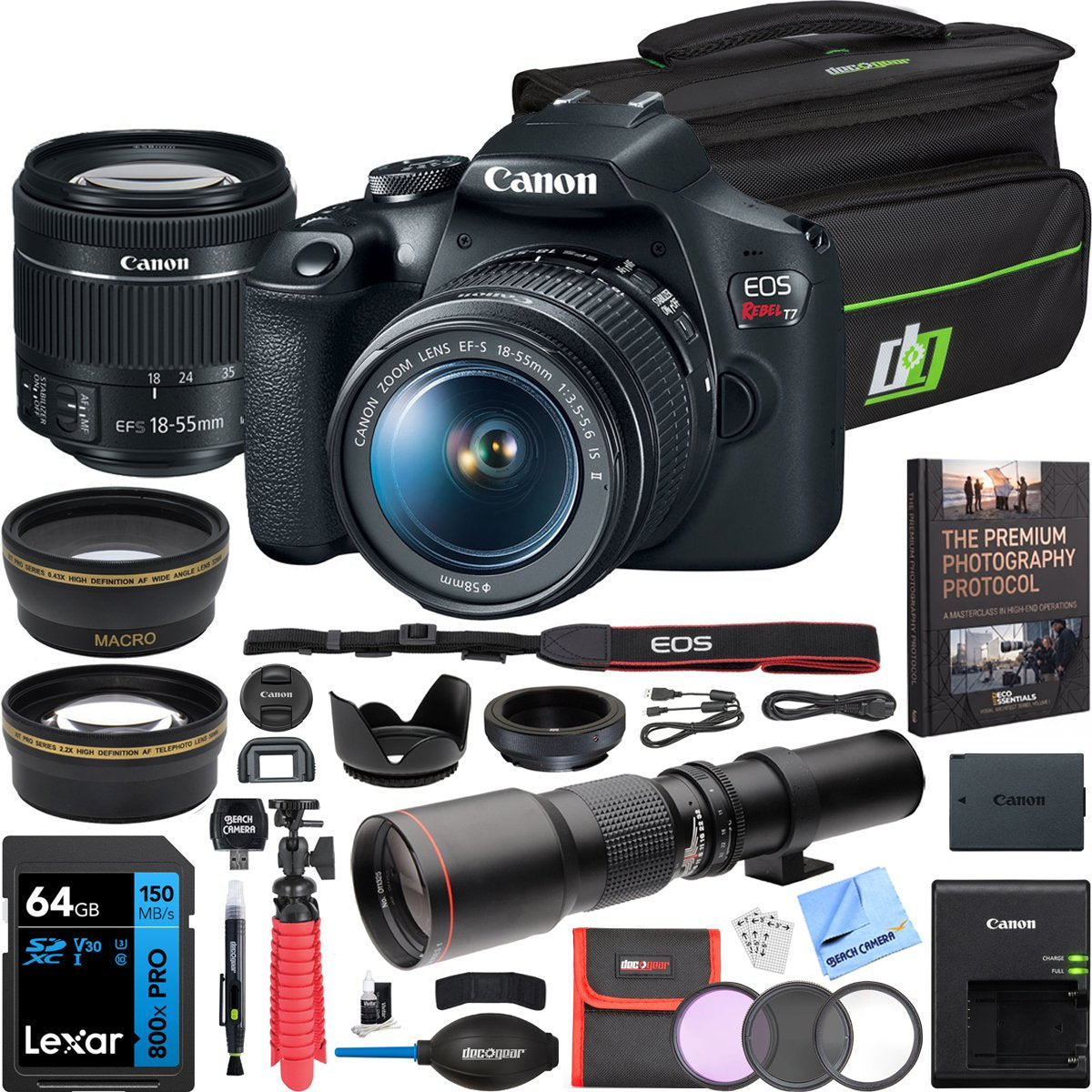 Canon T7 EOS Rebel DSLR Camera EF-S 18-55mm f/3.5-5.6 IS II + 500mm Telephoto Lens Kit
