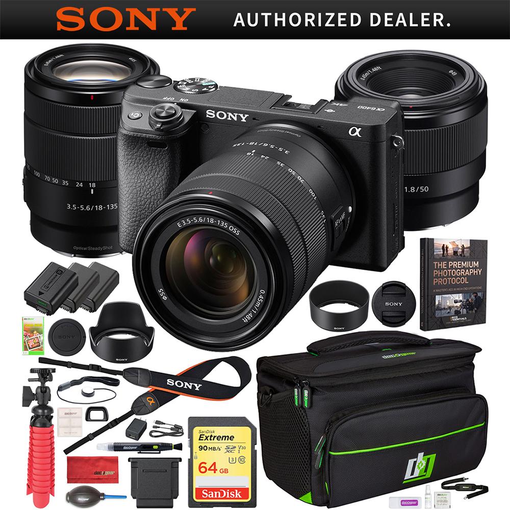 Sony a6400 Mirrorless 4K Camera ILCE-6400MB 18-135mm + 50mm Prime 2 Lens Kit Bundle