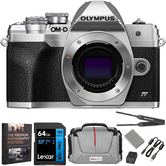 OM SYSTEM Olympus OM-D E-M10 Mark IV 20MP Camera Body; Silver + 64GB Memory Bundle