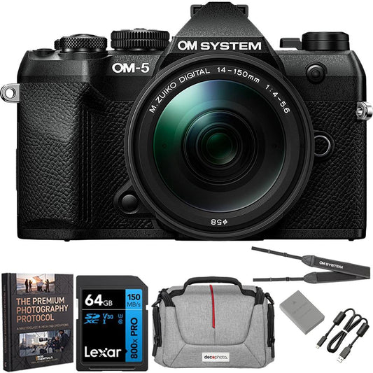 OM SYSTEM Olympus OM-5 Mark II Camera w/ M.ZUIKO 14-150mm Lens; Black + 64GB Memory Bundle