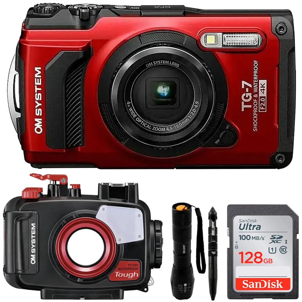 OM SYSTEM Olympus Tough TG-7 12MP 4K Underwater Digital Camera, Red w/ Snorkeling Kit