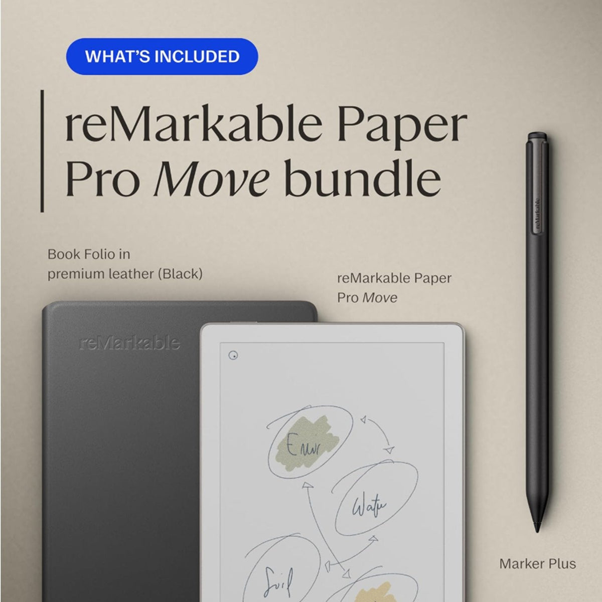reMarkable Paper Pro Move with Marker Plus and Black Leather Book Folio - Refurbished