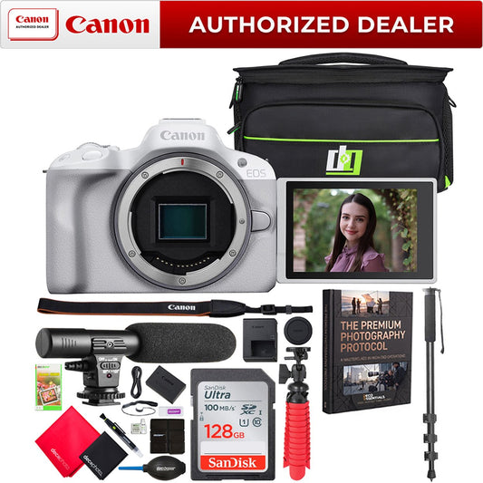 Canon EOS R50 Mirrorless Camera Body White + Microphone & Monopod Accessories Bundle