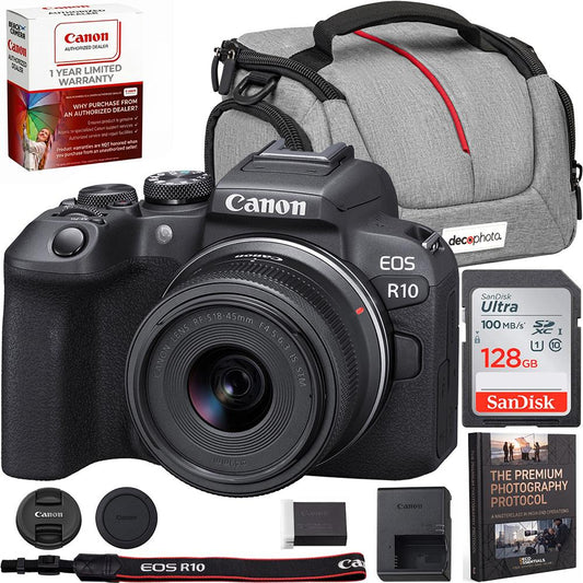 Canon EOS R10 Mirrorless Camera + RF-S 18-45MM F4.5-6.3 Lens Kit + Accessories Bundle