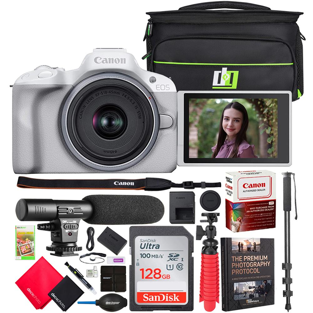 Canon EOS R50 Mirrorless Camera White + RF-S 18-45mm F4.5-6.3 IS STM Lens + Pro Bundle