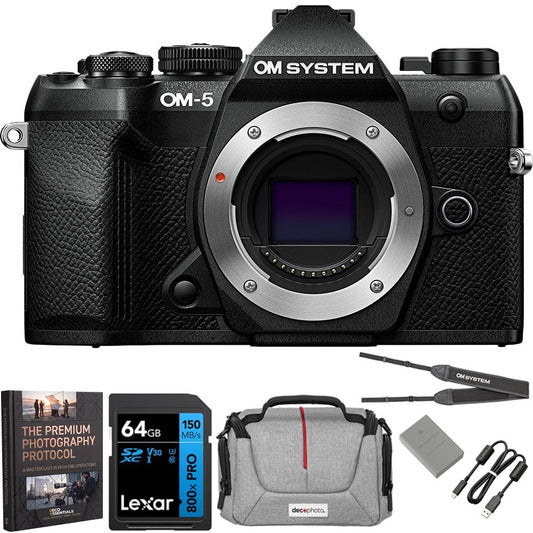 OM SYSTEM Olympus OM-5 Mark II 20.4MP 4K Digital Camera Body; Black + 64GB Memory Bundle