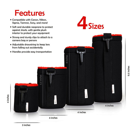 Deco Photo 4 Pack Neoprene Lens Bag Protective Sleeve Water & Scratch Resistant Pouch Case