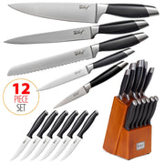 Deco Chef Gourmet 12 Piece Stainless Steel Knife Set with Storage Block - Full Tang Design