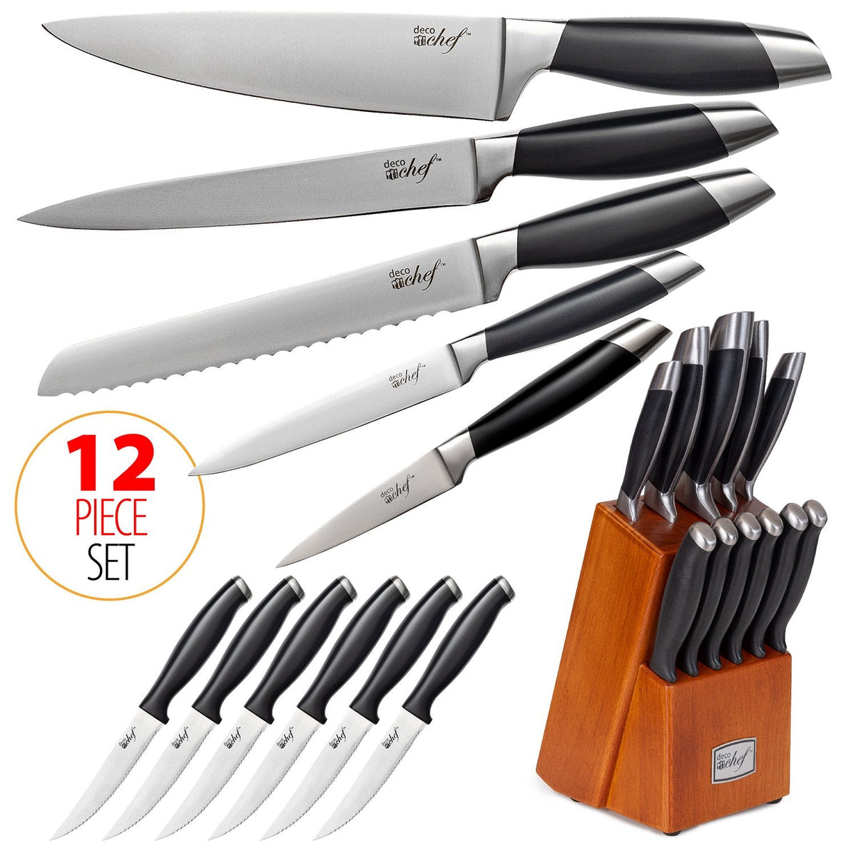 Deco Chef Gourmet 12 Piece Stainless Steel Knife Set with Storage Block - Full Tang Design