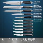 Deco Chef Gourmet 12 Piece Stainless Steel Knife Set with Storage Block - Full Tang Design