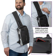 Deco Essentials Sling Backpack, Anti-Theft Combo Zipper Lock, External USB Charging, Waterproof