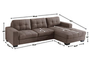 Brown microfiber tufted sectional sofa with right-facing chaise, 102.5"W x 63"D x 29"H.