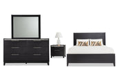 Conjunto de habitación que incluye una cama, una mesa de noche y un gavetero con espejo sobre un fondo blanco.