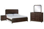 Conjunto de dormitorio marrón oscuro que incluye una cama, una mesita de noche y un gavetero con espejo sobre fondo blanco.