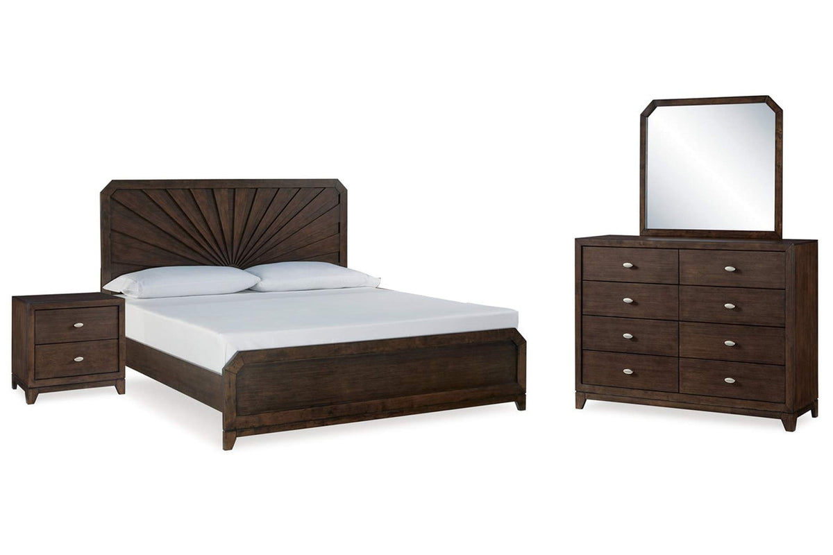 Conjunto de dormitorio marrón oscuro que incluye una cama, una mesita de noche y un gavetero con espejo sobre fondo blanco.