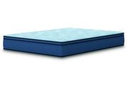 Queen hybrid mattress with light blue quilted top and navy blue wave-pattern sides on white background.